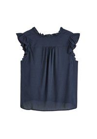Marineblå kortærmet bluse med rynkede skuldre, sammensamlet detalje ved halsen og en afslappet pasform; glat stof og klassisk design.