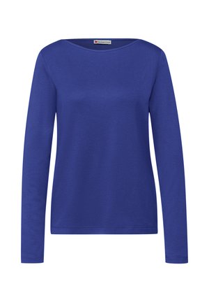 Blå långärmad bomullstopp med rund halsringning, med en slät textur och minimalistisk design, lämplig för vardagsbruk.