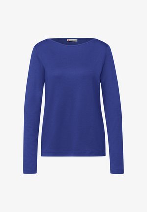 Niebieska bawełniana bluzka z długim rękawem i okrągłym dekoltem, o gładkiej fakturze i minimalistycznym wzornictwie, odpowiednia do noszenia na co dzień.