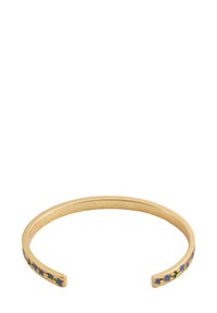 Gold-tone cuff bracelet featuring an enamel floral design with small blue flowers and green leaves along the outer edge. Smooth texture.