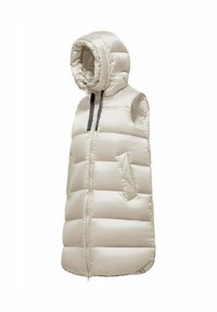 Puffervest in lichtbeige met een capuchon, voorzien van horizontale stiksels, twee zijzakken en een ritssluiting aan de voorkant. Zachte, glanzende textuur.