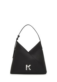 Black leather handbag with a triangular top, single strap, and silver "K" logo featuring a silhouette detail on the front.