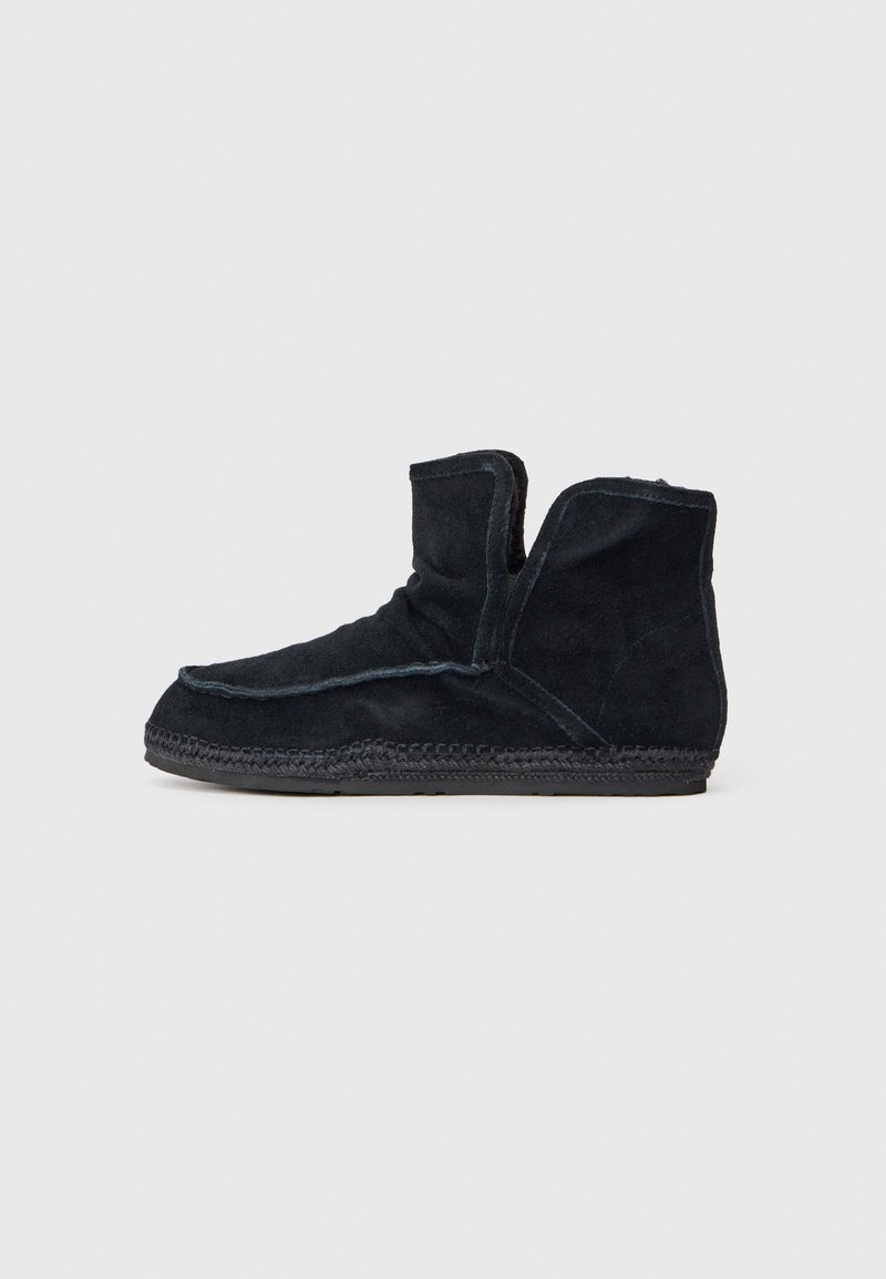 Stivaletti neri in suede alla caviglia con superficie texturizzata, parte superiore curva e bordo intrecciato lungo la suola. Il design è senza cuciture, senza hardware.