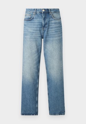 Ljusblå denimjeans med rak skärning, med knapplåsning, fem fickor och subtil blekning nära fållen. Platt struktur.