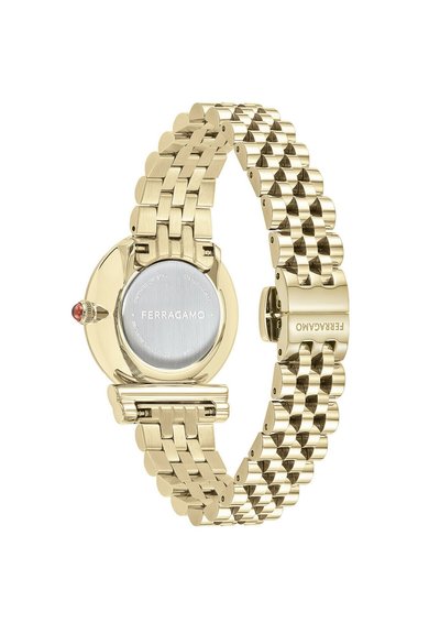 Gold-tone watch with a stainless steel band, round case, and a red accent on the crown. Features a silver dial and polished finish.