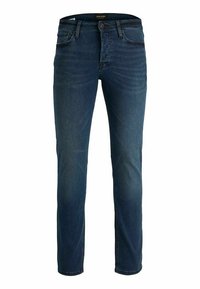 Dark blue jeans made of denim, featuring a straight-leg design, five pockets, and subtle fading. Metal hardware accents included.