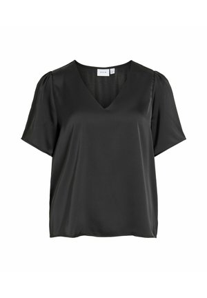 Schwarze Kurzarmbluse mit V-Ausschnitt und leicht gepufften Schultern, gefertigt aus glattem, satinähnlichem Stoff.