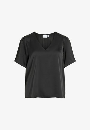 Čierna blúzka s krátkym rukávom, výstrih do V a mierne nafúknutými ramenami, vyrobená z hladkej, saténovej látky.