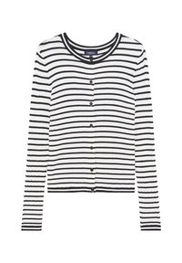 Long-sleeve ribbed cardigan with black and white horizontal stripes and black buttons down the front.