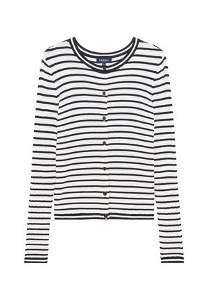 Cardigan a maniche lunghe a coste con righe orizzontali bianche e nere e bottoni neri sul davanti.