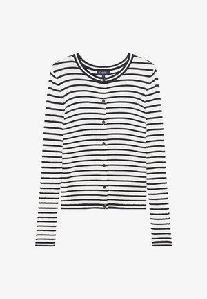 Pitkähihaisessa, ribatulla kardiganissa on musta-valkoiset vaakaraitakuosit ja mustat napit edessä.