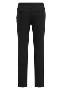 Pantaloni neri con tessuto a trama, dotati di vita, due tasche posteriori e design a gamba dritta. Nessuna chiusura o motivo visibile.