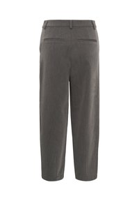 Pantalon ajusté gris foncé avec passants de ceinture, deux poches arrière passepoilées et coupe droite, vu de dos.