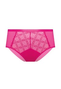 Różowe stringi z przezroczystą koronkową wstawką o geometrycznym wzorze oraz gładkim różowym materiałem po bokach i na dole. Gładkie szwy i pas.