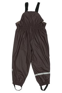 Tuta impermeabile marrone con spalline regolabili, vita elastica e striscia riflettente. Realizzata in materiale resistente e liscia.