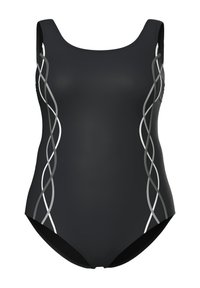 Schwarzer Badeanzug mit breiten Trägern und silbergrauen, wellenförmigen Linien, die vertikal entlang jeder Seite verlaufen.