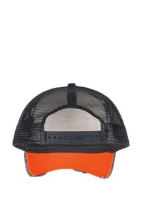 Black mesh trucker cap with a vibrant orange visor. Features adjustable snapback closure and curved brim. Interior lining is gray.