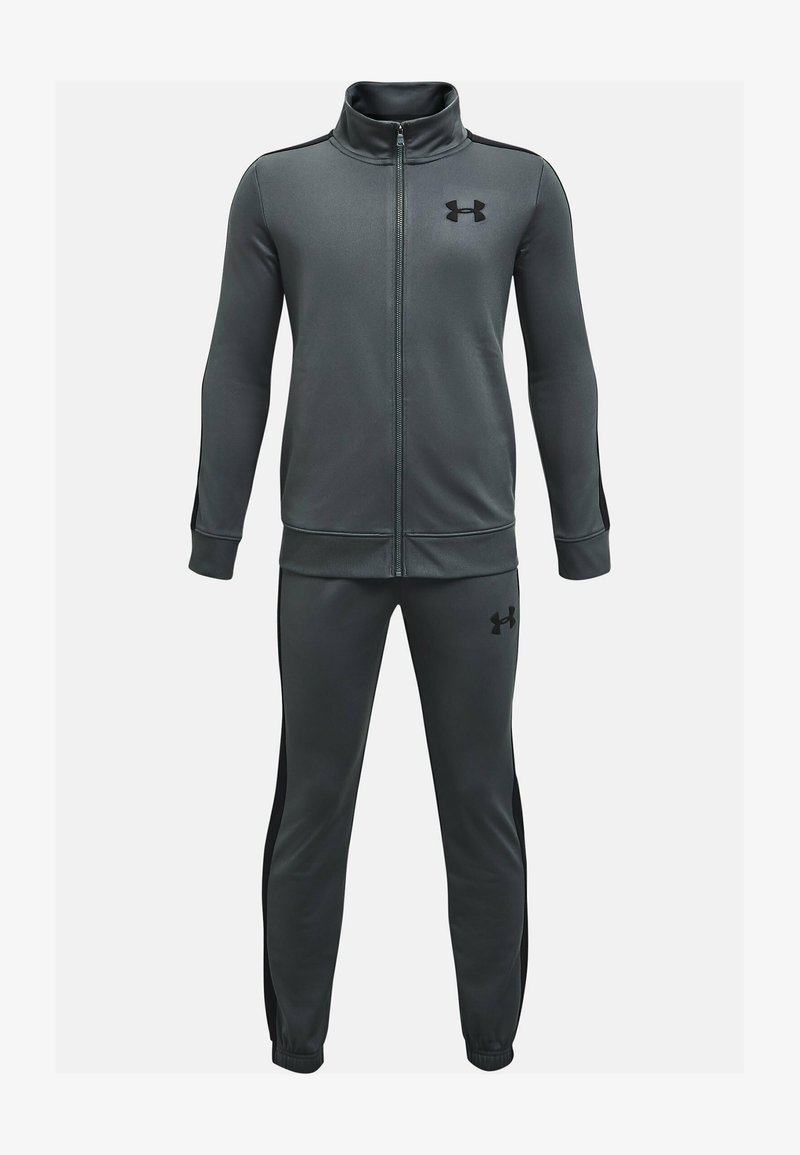 Gray tracksuit made of smooth, stretchy fabric. Features a zip-up jacket with a high collar and black side accents on pants.