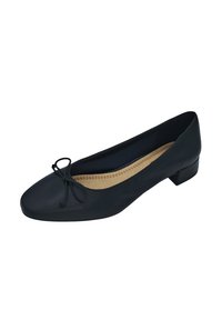 Ballerines noires en matériau lisse, avec un bout arrondi, un petit talon et un détail de nœud décoratif à l'avant.