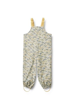 Robe à fleurs en beige clair avec des accents bleus et jaunes. Elle dispose de bretelles jaunes réglables, de chevilles élastiques et d'une texture de tissu douce.