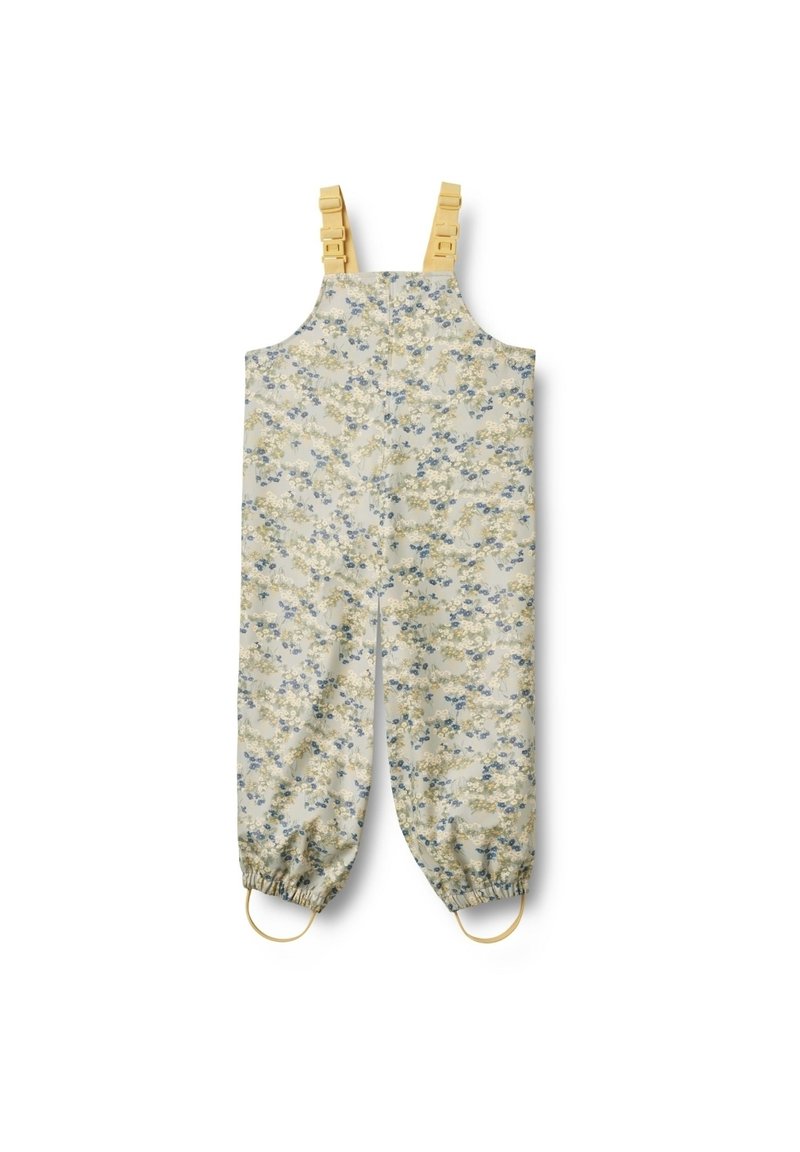 Mono floral en beige claro con acentos en azul y amarillo. Cuenta con tirantes amarillos ajustables, tobillos elásticos y una textura de tela suave.