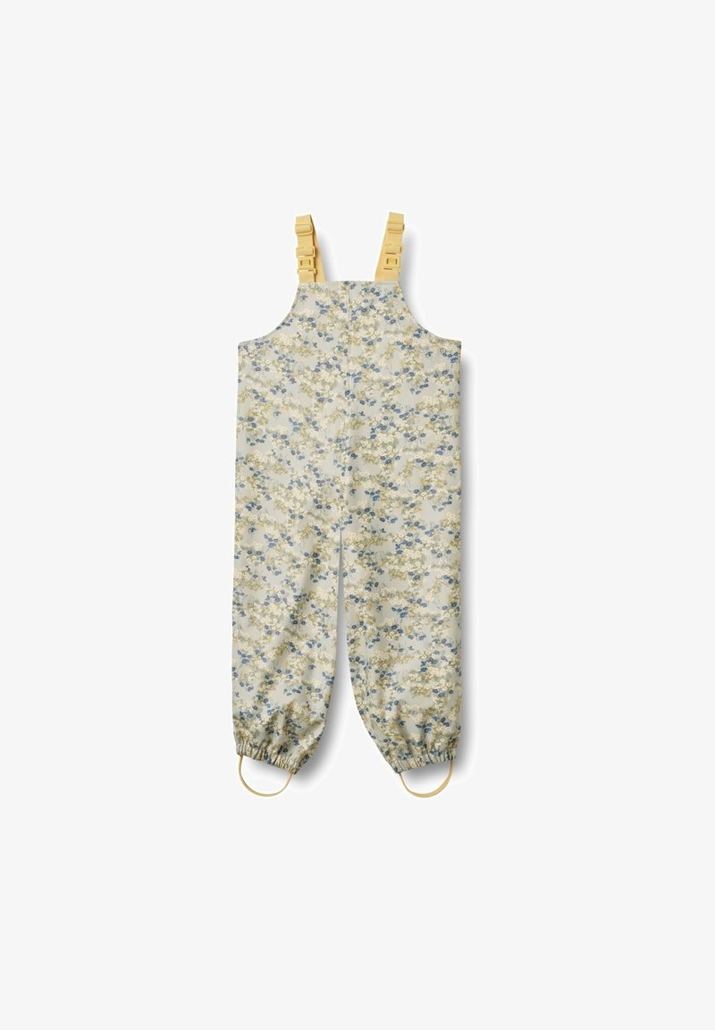 Floral romper in light beige with blue and yellow accents. Features adjustable yellow straps, elastic ankles, and a soft fabric texture.