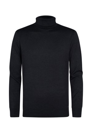 Zwarte coltrui gemaakt van zachte, gebreide stof. Slank aansluitend ontwerp met geribde manchetten en onderrand. Minimalistische stijl zonder zichtbare patronen.