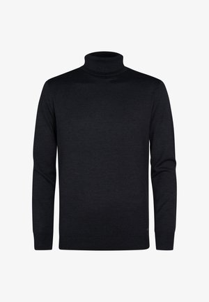 Zwarte coltrui gemaakt van zachte, gebreide stof. Slank aansluitend ontwerp met geribde manchetten en onderrand. Minimalistische stijl zonder zichtbare patronen.