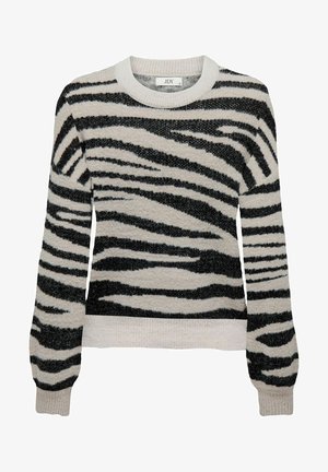 Zebra-muster Strickpullover mit langen Ärmeln, ausgestattet mit einem klassischen Rundhalsausschnitt und einem weichen, strukturierten Stoff in Schwarz und Cremefarben.