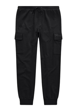 Schwarze Sweatpants aus weichem Stoff, mit einem elastischen Bund und Kordelzug, Cargo-Taschen und elastischen Bündchen an den Knöcheln.