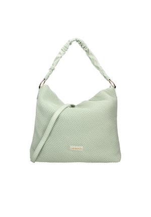 Sac à main en vert menthe texturé avec un design décontracté, doté d'une anse épaule froncée et d'une bandoulière amovible. Quincaillerie dorée en accent.