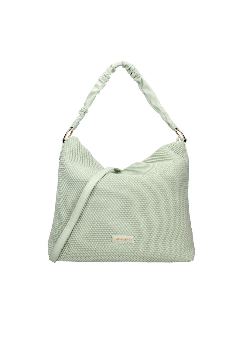 Borsa a tracolla di colore verde menta con una finitura testurizzata e design morbido, dotata di una tracolla arricciata e di una tracolla rimovibile. Accenti in oro.