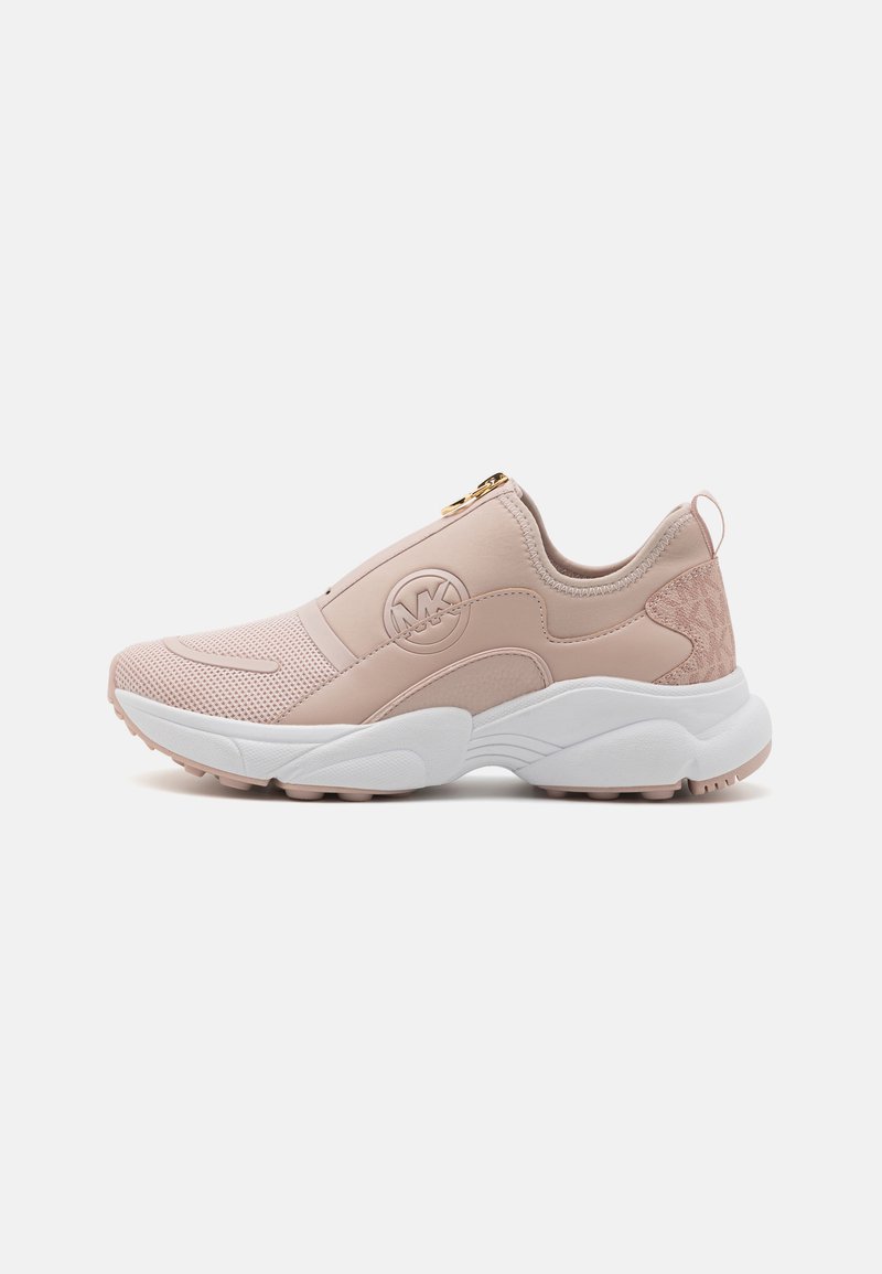 Light pink sneaker with mesh and synthetic material, round toe, chunky white sole, and gold zipper detail. Logo visible on the side.