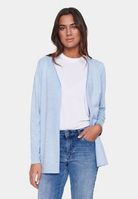 Ljusblå cardigan i ett mjukt stickat material, med öppen front, l�ånga ärmar och en avslappnad passform, bärs över en vit t-shirt och jeans.