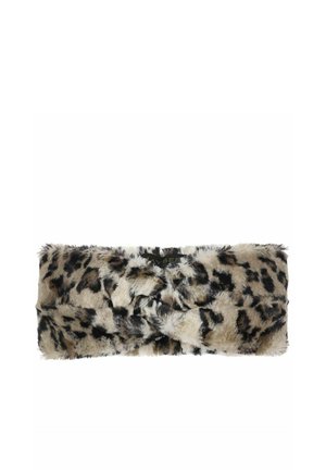 Leopard print faux fur headband with a twisted knot detail at the front, designed for warmth and style.