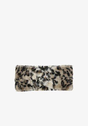 Leopard print faux fur headband with a twisted knot detail at the front, designed for warmth and style.