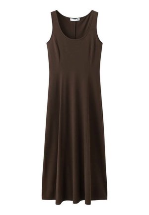 Brun ärmlös klänning av ett mjukt, stretchigt tyg med rund halsringning och en A-linjeformad silhuett med ett flödande fåll.