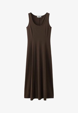 Braunes ärmelloses Kleid aus glattem, dehnbarem Stoff, mit rundem Ausschnitt und einer ausgestellten A-Linien-Silhouette mit fließendem Saum.