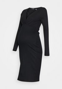 Černé těhotenské šaty s dlouhým rukávem a designem zavinovacího výstřihu do V, přiléhavý střih a délka ke kolenům.