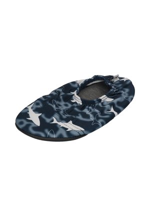 Navy blue slip-on water shoe with white shark patterns and an elastic ankle collar for a secure fit.