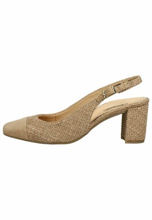 Beige geweven pumps met slingback, blokhak en gespband, voorzien van een suède neuskapje en een gevoerde binnenzool.
