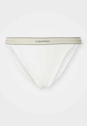 Witte katoenen bikini slip met een zachte elastische tailleband met een grijze Calvin Klein-logo en een gladde, naadloze ontwerp voor comfort.