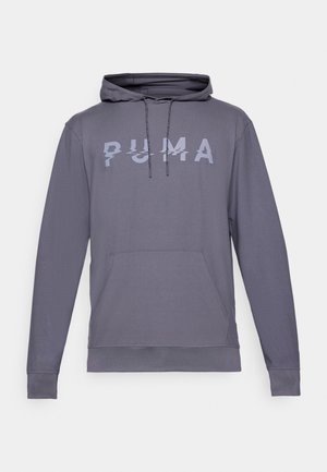 Hall grey kapuutsiga fliis, millel on känguru tasku, nöörid ja peegeldav "PUMA" logo ees. Sile tekstuur, pikad varrukad ja soonilised mansetid.