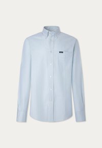 Camicia a maniche lunghe a righe blu e bianche, colletto button-down, tasca frontale con logo, tessuto leggero, texture liscia, vestibilità classica.