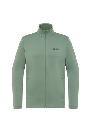 Groene fleece jas met rits en staande kraag, met textuurstof, twee zijzakken en een subtiel logo op de borst.