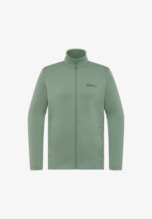 Groene fleece jas met rits en staande kraag, met textuurstof, twee zijzakken en een subtiel logo op de borst.