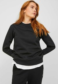 Felpa nera con maniche lunghe, scollo rotondo e una superficie liscia. Indossata sopra una camicia bianca, presenta una vestibilità rilassata e linee pulite.