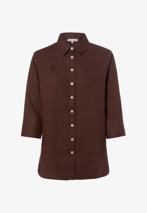 Brązowa koszula na guziki z rękawami do połowy przedramienia i klasycznym kołnierzem, wykonana z tkaniny o fakturze.