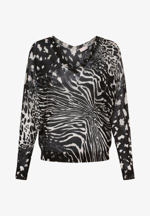 Langärmlige transparente Bluse mit gemischtem schwarz-weißem Tierdruckmuster und V-Ausschnitt.