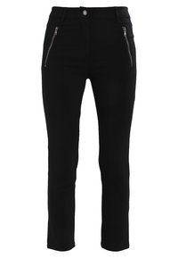 Schwarze Stretchhosen mit schmaler Passform, ausgestattet mit zwei vorderen Reißverschlusstaschen, einem Knopfverschluss und einer glatten Textur.